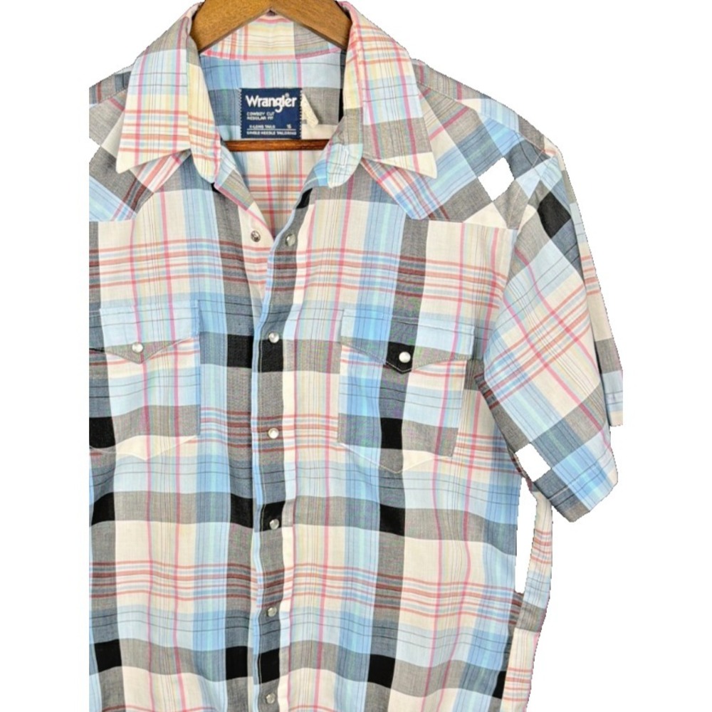 Wrangler Shirt Cowboy Cut Plaid Pearl Snap Western Short‎ Sleeve Vintage USA 16